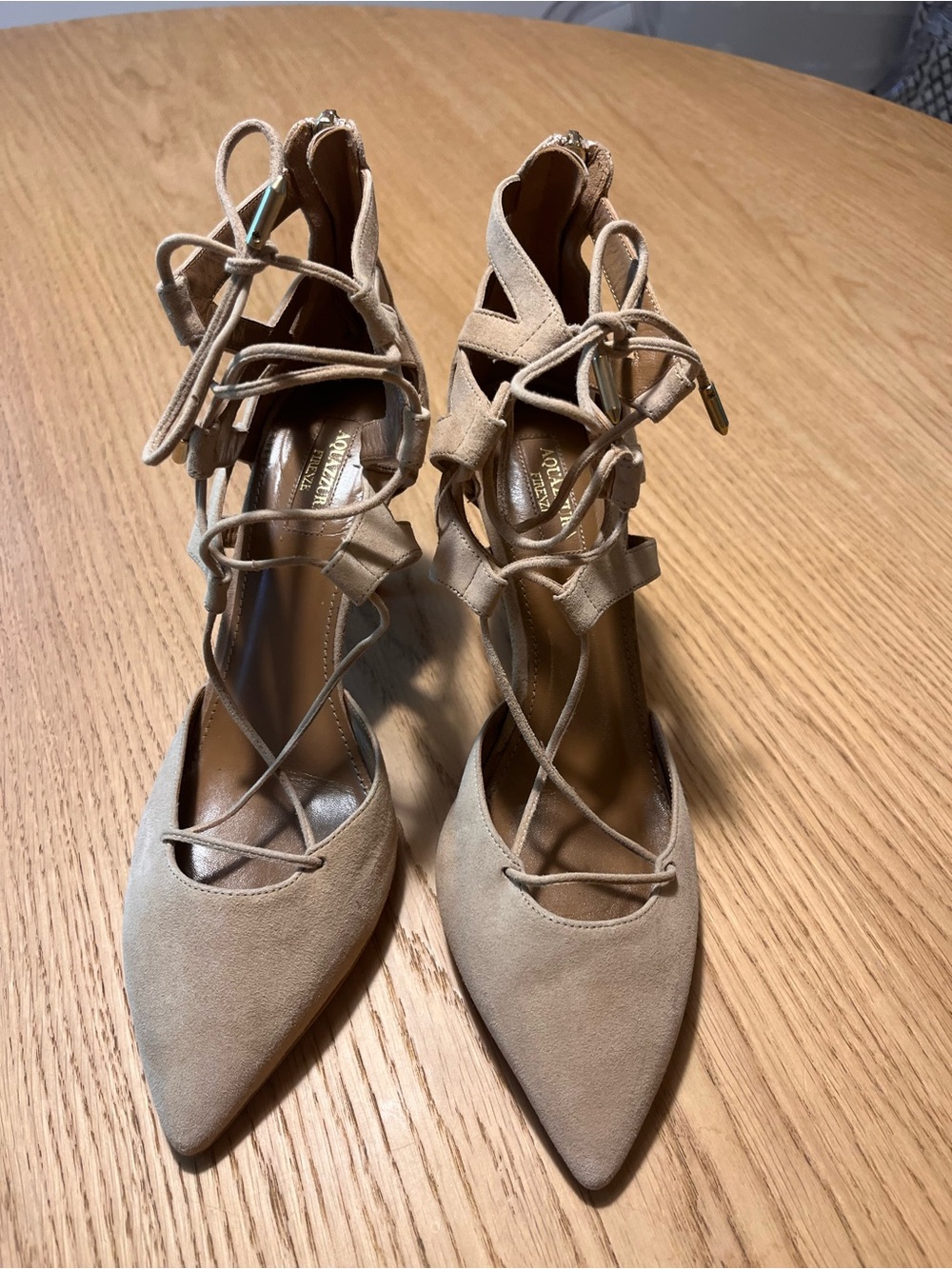 Aquazzura Belgravia Nude Suede Pointed-Toe Lace-Up Heels
